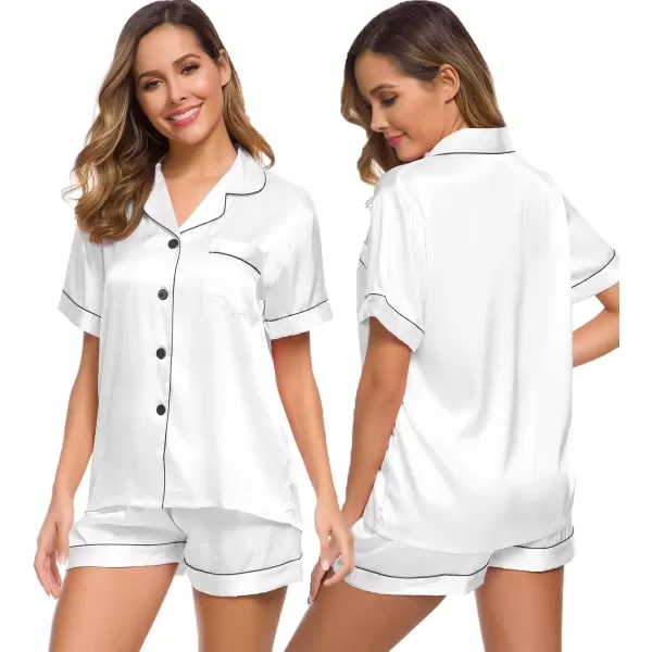 imageSWOMOG Womens Silk Satin Pajamas Set Short Sleeve Sleepwear Button Down Top and Shorts Loungewear 2 Piece Pjs Set XS3XLWhite