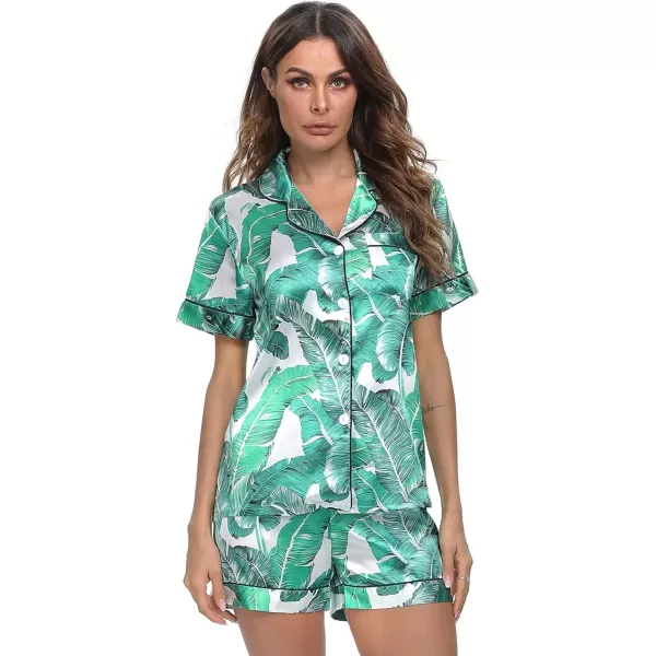 imageSWOMOG Womens Silk Satin Pajamas Set Short Sleeve Sleepwear Button Down Top and Shorts Loungewear 2 Piece Pjs Set XS3XLWhite Leaves