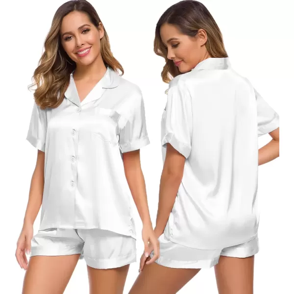 imageSWOMOG Womens Silk Satin Pajamas Set Short Sleeve Sleepwear Button Down Top and Shorts Loungewear 2 Piece Pjs Set XS3XLWhite Solid