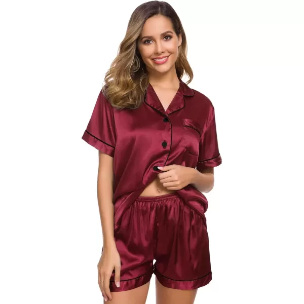 imageSWOMOG Womens Silk Satin Pajamas Set Short Sleeve Sleepwear Button Down Top and Shorts Loungewear 2 Piece Pjs Set XS3XLWine Red