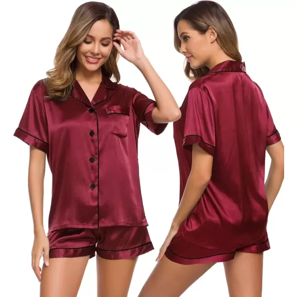 imageSWOMOG Womens Silk Satin Pajamas Set Short Sleeve Sleepwear Button Down Top and Shorts Loungewear 2 Piece Pjs Set XS3XLWine Red