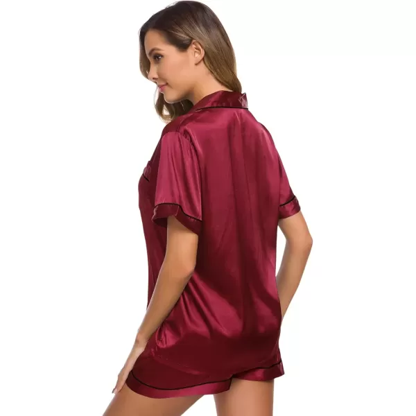 imageSWOMOG Womens Silk Satin Pajamas Set Short Sleeve Sleepwear Button Down Top and Shorts Loungewear 2 Piece Pjs Set XS3XLWine Red