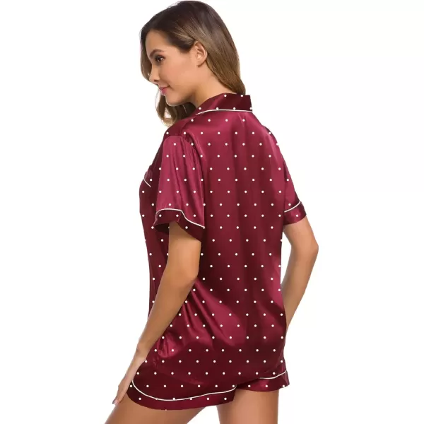 imageSWOMOG Womens Silk Satin Pajamas Set Short Sleeve Sleepwear Button Down Top and Shorts Loungewear 2 Piece Pjs Set XS3XLWine Red Dots