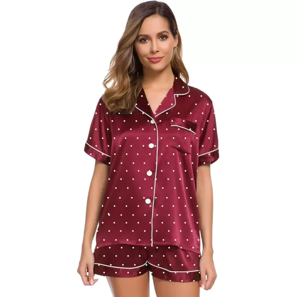 imageSWOMOG Womens Silk Satin Pajamas Set Short Sleeve Sleepwear Button Down Top and Shorts Loungewear 2 Piece Pjs Set XS3XLWine Red Dots