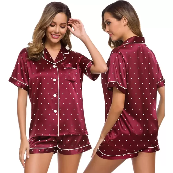 imageSWOMOG Womens Silk Satin Pajamas Set Short Sleeve Sleepwear Button Down Top and Shorts Loungewear 2 Piece Pjs Set XS3XLWine Red Dots