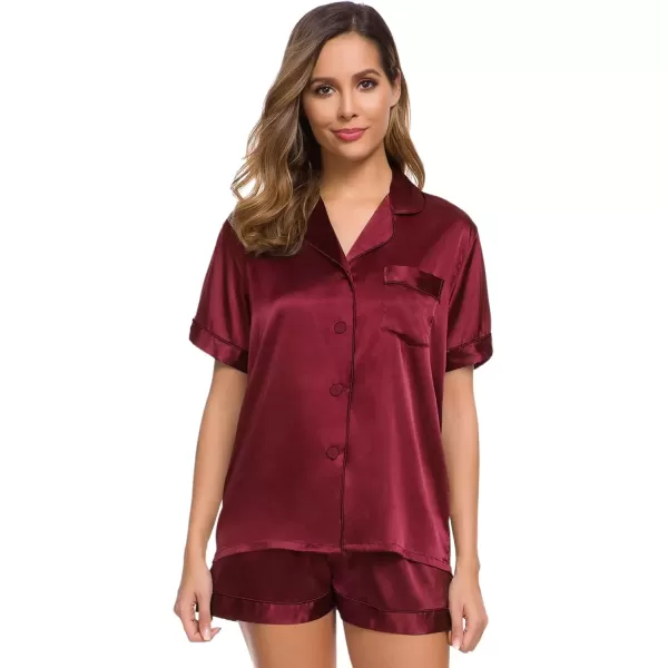 imageSWOMOG Womens Silk Satin Pajamas Set Short Sleeve Sleepwear Button Down Top and Shorts Loungewear 2 Piece Pjs Set XS3XLWine Red Solid