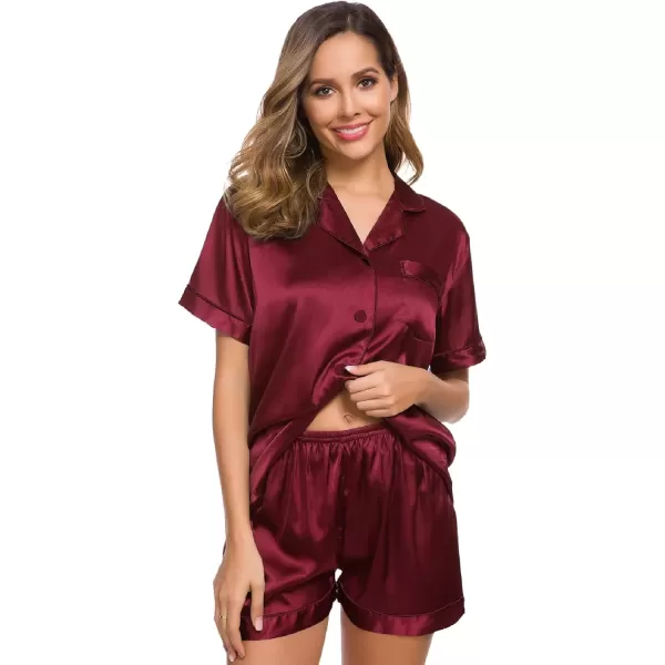 imageSWOMOG Womens Silk Satin Pajamas Set Short Sleeve Sleepwear Button Down Top and Shorts Loungewear 2 Piece Pjs Set XS3XLWine Red Solid