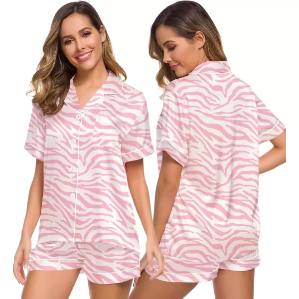 imageSWOMOG Womens Silk Satin Pajamas Set Short Sleeve Sleepwear Button Down Top and Shorts Loungewear 2 Piece Pjs Set XS3XLZebra Pattern