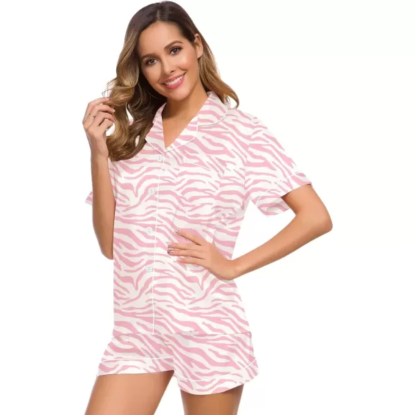 imageSWOMOG Womens Silk Satin Pajamas Set Short Sleeve Sleepwear Button Down Top and Shorts Loungewear 2 Piece Pjs Set XS3XLZebra Pattern