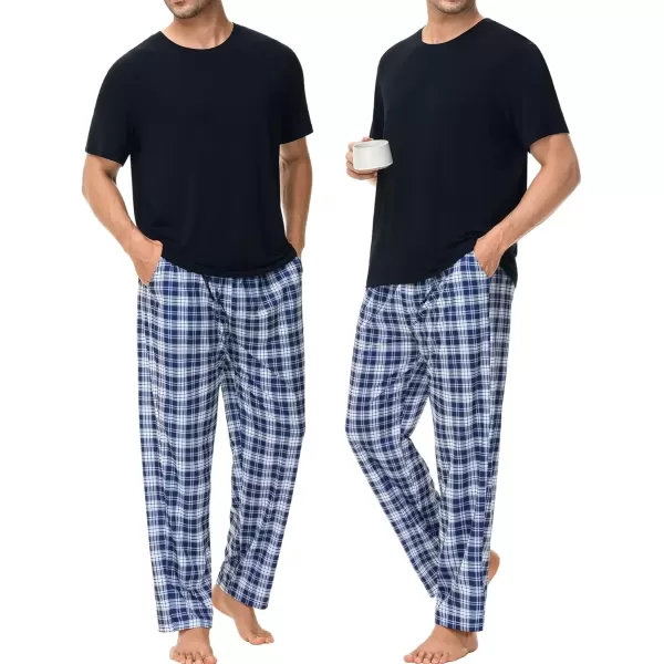 imageSWOMOG Mens Pajama Set Soft Short Sleeve Sleepwear with Long Plaid Lounge Pants 2 Pieces Pj Set with Pockets NightwearBlackblue