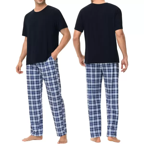 imageSWOMOG Mens Pajama Set Soft Short Sleeve Sleepwear with Long Plaid Lounge Pants 2 Pieces Pj Set with Pockets NightwearBlackblue