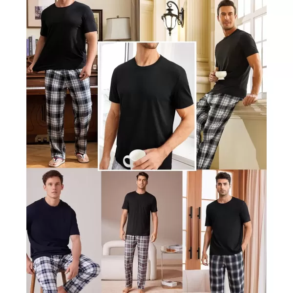 imageSWOMOG Mens Pajama Set Soft Short Sleeve Sleepwear with Long Plaid Lounge Pants 2 Pieces Pj Set with Pockets NightwearBlackblue