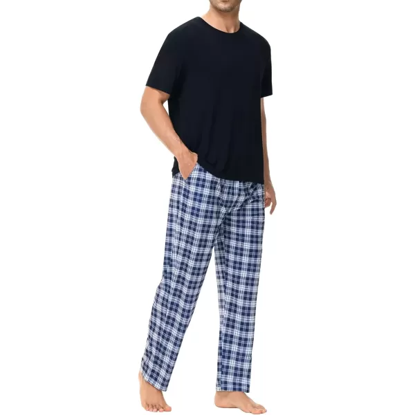 imageSWOMOG Mens Pajama Set Soft Short Sleeve Sleepwear with Long Plaid Lounge Pants 2 Pieces Pj Set with Pockets NightwearBlackblue