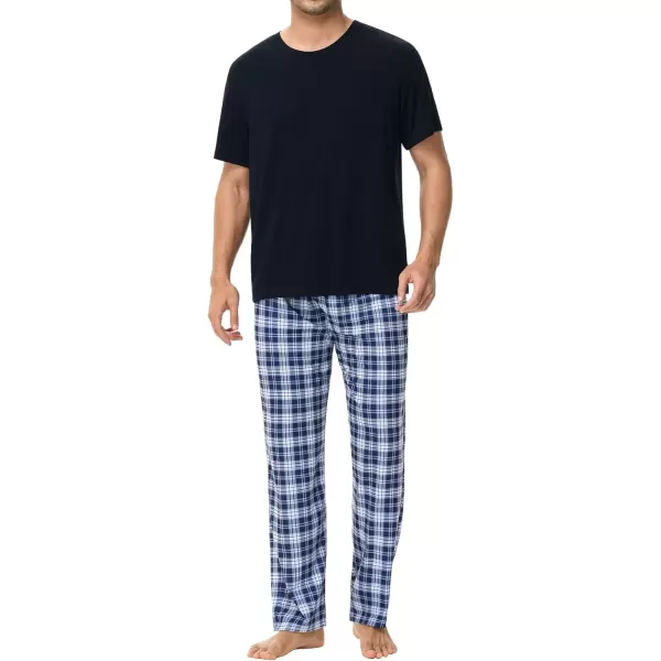 imageSWOMOG Mens Pajama Set Soft Short Sleeve Sleepwear with Long Plaid Lounge Pants 2 Pieces Pj Set with Pockets NightwearBlackblue