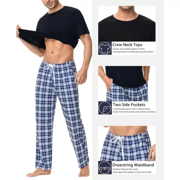 imageSWOMOG Mens Pajama Set Soft Short Sleeve Sleepwear with Long Plaid Lounge Pants 2 Pieces Pj Set with Pockets NightwearBlackblue