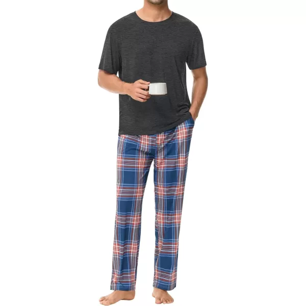 imageSWOMOG Mens Pajama Set Soft Short Sleeve Sleepwear with Long Plaid Lounge Pants 2 Pieces Pj Set with Pockets NightwearDark Grey