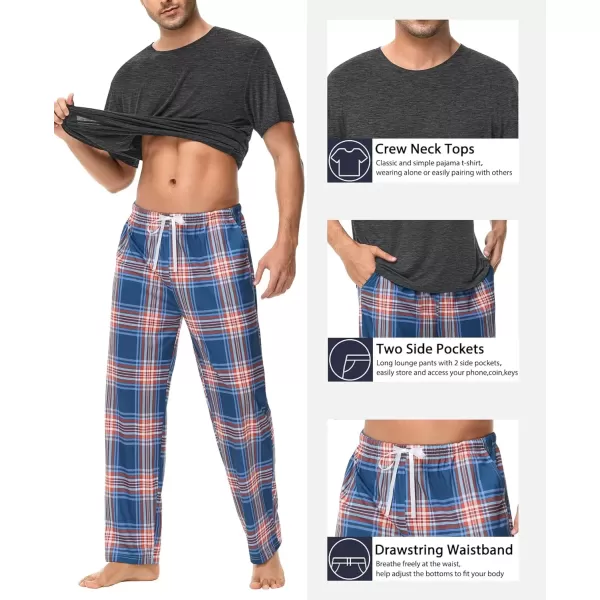 imageSWOMOG Mens Pajama Set Soft Short Sleeve Sleepwear with Long Plaid Lounge Pants 2 Pieces Pj Set with Pockets NightwearDark Grey