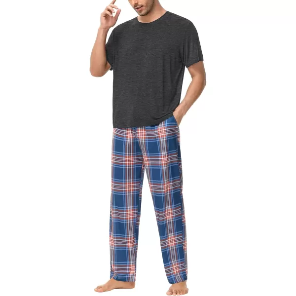 imageSWOMOG Mens Pajama Set Soft Short Sleeve Sleepwear with Long Plaid Lounge Pants 2 Pieces Pj Set with Pockets NightwearDark Grey