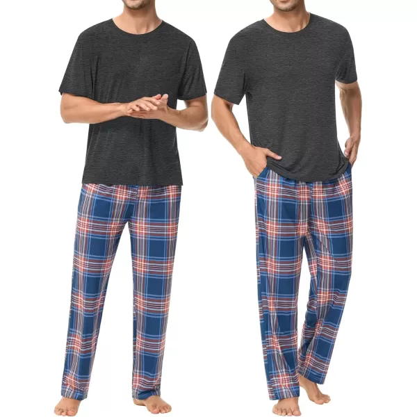 imageSWOMOG Mens Pajama Set Soft Short Sleeve Sleepwear with Long Plaid Lounge Pants 2 Pieces Pj Set with Pockets NightwearDark Grey