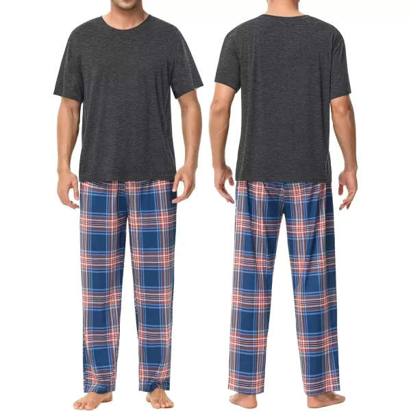 imageSWOMOG Mens Pajama Set Soft Short Sleeve Sleepwear with Long Plaid Lounge Pants 2 Pieces Pj Set with Pockets NightwearDark Grey