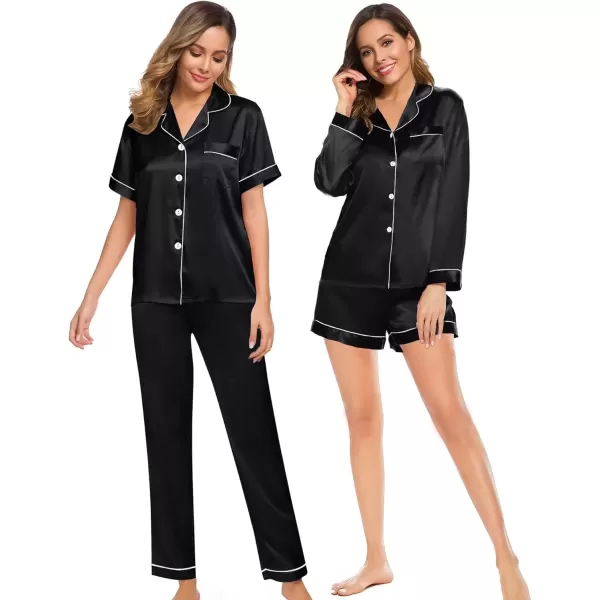 imageSWOMOG Women 4Pcs Silk Pajamas Set Button Down Sleepwear Loungewear Pj Sets for Ladies NightwearBlack