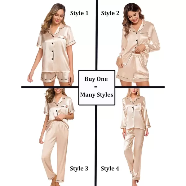 imageSWOMOG Women 4Pcs Silk Pajamas Set Button Down Sleepwear Loungewear Pj Sets for Ladies NightwearChampagne