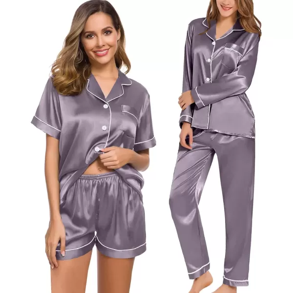 imageSWOMOG Women 4Pcs Silk Pajamas Set Button Down Sleepwear Loungewear Pj Sets for Ladies NightwearChestnut