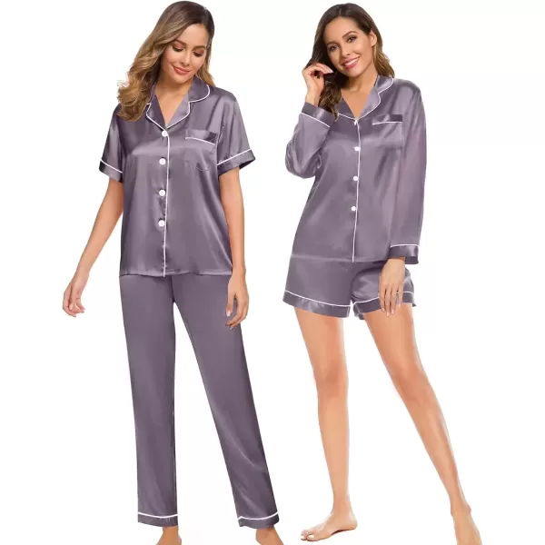 imageSWOMOG Women 4Pcs Silk Pajamas Set Button Down Sleepwear Loungewear Pj Sets for Ladies NightwearChestnut