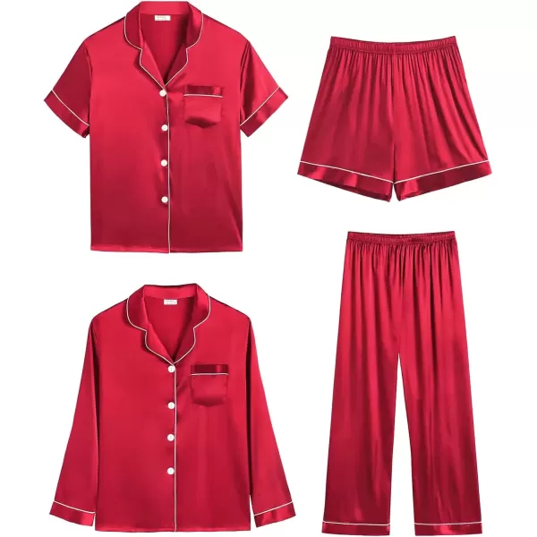 imageSWOMOG Women 4Pcs Silk Pajamas Set Button Down Sleepwear Loungewear Pj Sets for Ladies NightwearChristmas Red