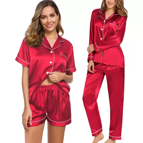 imageSWOMOG Women 4Pcs Silk Pajamas Set Button Down Sleepwear Loungewear Pj Sets for Ladies NightwearChristmas Red