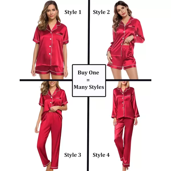 imageSWOMOG Women 4Pcs Silk Pajamas Set Button Down Sleepwear Loungewear Pj Sets for Ladies NightwearChristmas Red