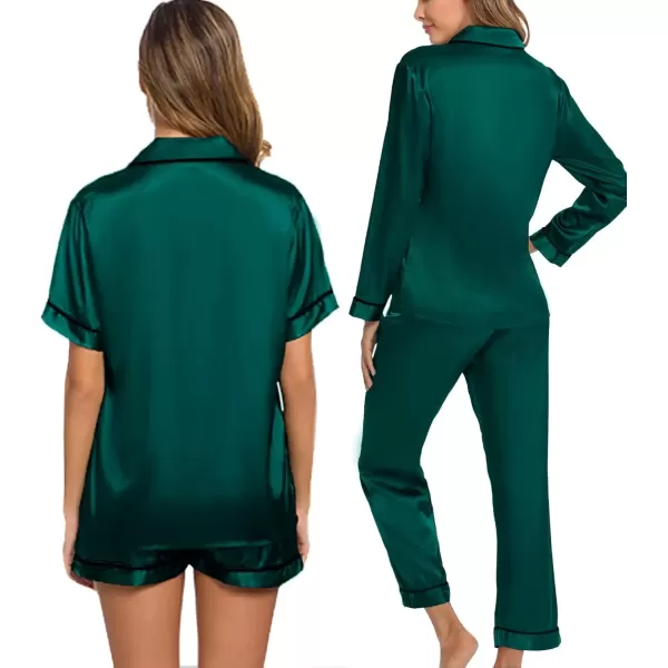 imageSWOMOG Women 4Pcs Silk Pajamas Set Button Down Sleepwear Loungewear Pj Sets for Ladies NightwearDeep Green