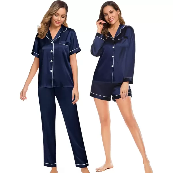 imageSWOMOG Women 4Pcs Silk Pajamas Set Button Down Sleepwear Loungewear Pj Sets for Ladies NightwearDeep Navy Blue