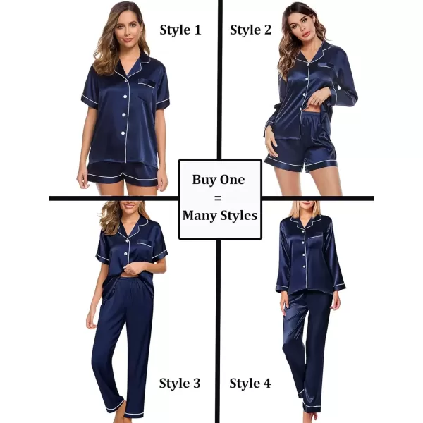 imageSWOMOG Women 4Pcs Silk Pajamas Set Button Down Sleepwear Loungewear Pj Sets for Ladies NightwearDeep Navy Blue