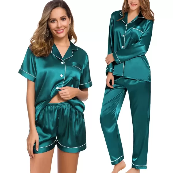 imageSWOMOG Women 4Pcs Silk Pajamas Set Button Down Sleepwear Loungewear Pj Sets for Ladies NightwearGreen