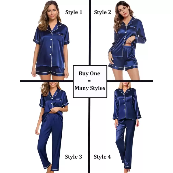 imageSWOMOG Women 4Pcs Silk Pajamas Set Button Down Sleepwear Loungewear Pj Sets for Ladies NightwearNavy Blue