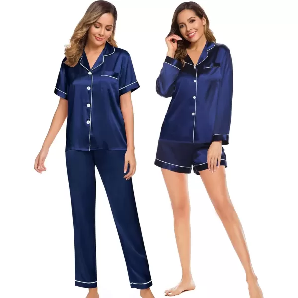 imageSWOMOG Women 4Pcs Silk Pajamas Set Button Down Sleepwear Loungewear Pj Sets for Ladies NightwearNavy Blue