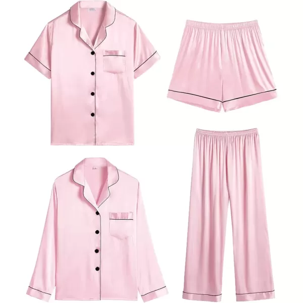 imageSWOMOG Women 4Pcs Silk Pajamas Set Button Down Sleepwear Loungewear Pj Sets for Ladies NightwearPink