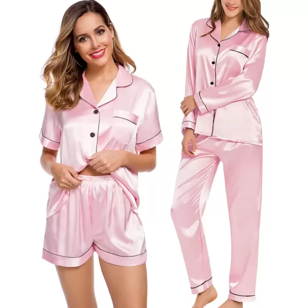 imageSWOMOG Women 4Pcs Silk Pajamas Set Button Down Sleepwear Loungewear Pj Sets for Ladies NightwearPink