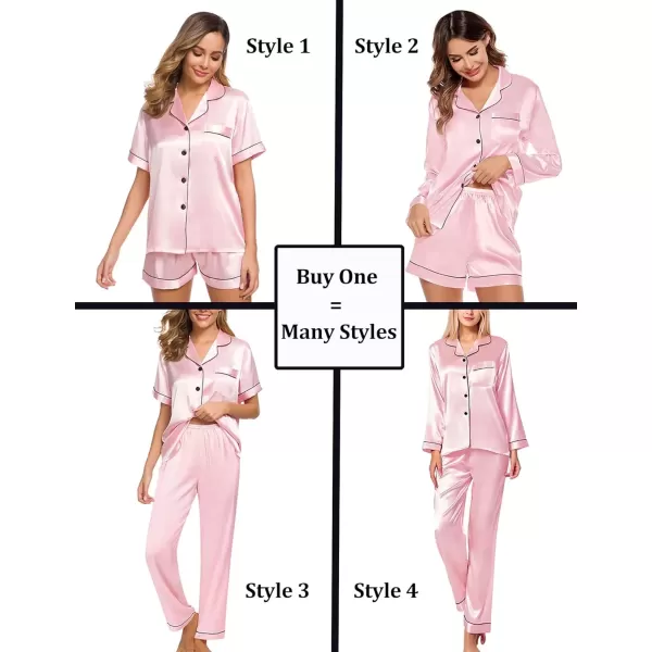 imageSWOMOG Women 4Pcs Silk Pajamas Set Button Down Sleepwear Loungewear Pj Sets for Ladies NightwearPink