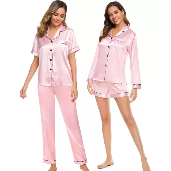 imageSWOMOG Women 4Pcs Silk Pajamas Set Button Down Sleepwear Loungewear Pj Sets for Ladies NightwearPink