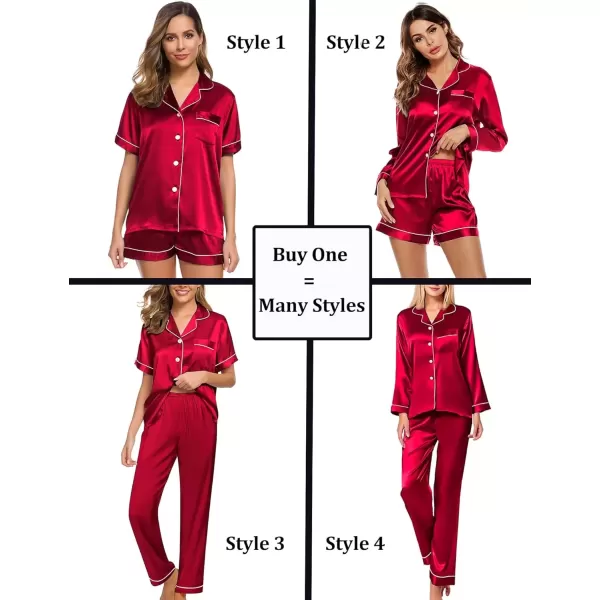 imageSWOMOG Women 4Pcs Silk Pajamas Set Button Down Sleepwear Loungewear Pj Sets for Ladies NightwearRed