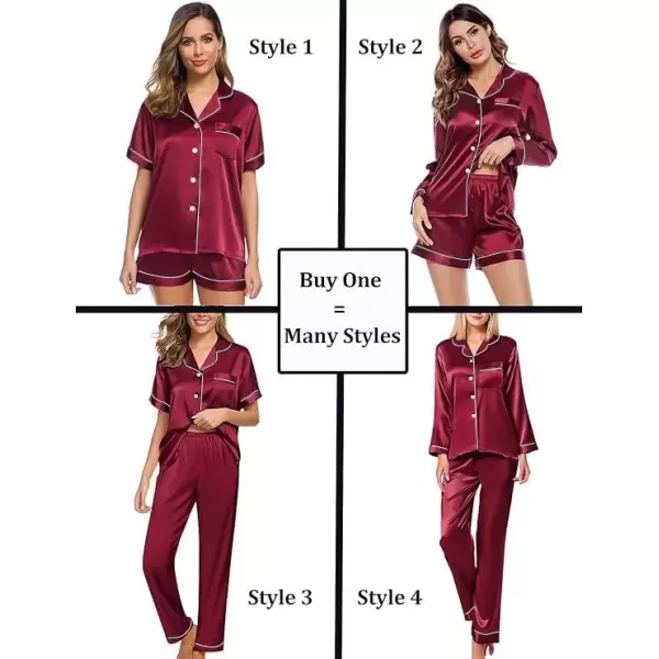 imageSWOMOG Women 4Pcs Silk Pajamas Set Button Down Sleepwear Loungewear Pj Sets for Ladies NightwearWine Red