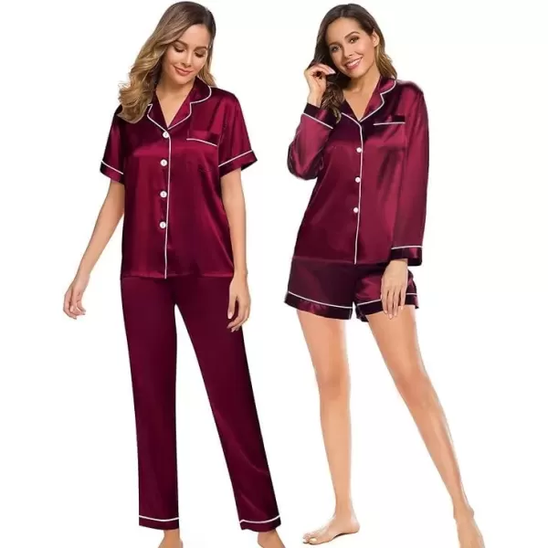 imageSWOMOG Women 4Pcs Silk Pajamas Set Button Down Sleepwear Loungewear Pj Sets for Ladies NightwearWine Red