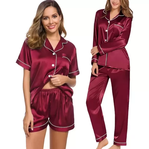 imageSWOMOG Women 4Pcs Silk Pajamas Set Button Down Sleepwear Loungewear Pj Sets for Ladies NightwearWine Red