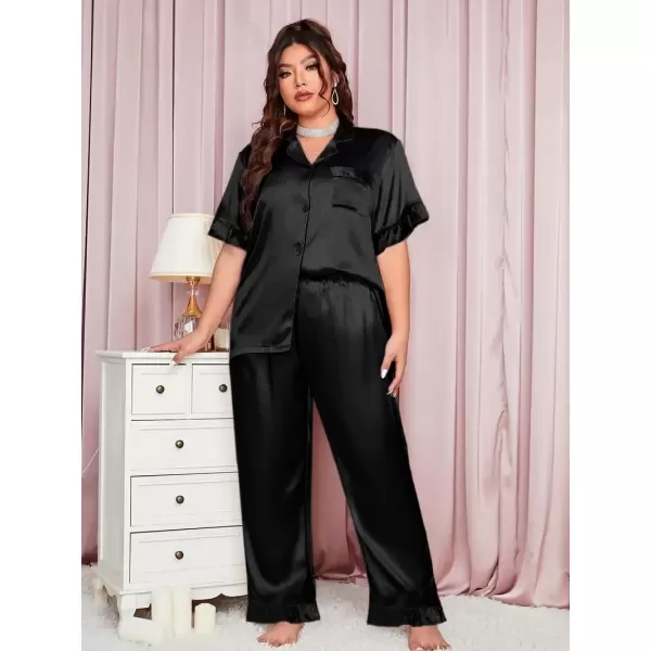 imageSWOMOG Womens Plus Size Pajamas Set Silk Satin 3Pcs Short Sleeve Loungewear Button Down Pj Sets Ruffled Sleepwear with PantsBlack