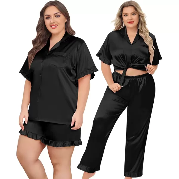 imageSWOMOG Womens Plus Size Pajamas Set Silk Satin 3Pcs Short Sleeve Loungewear Button Down Pj Sets Ruffled Sleepwear with PantsBlack