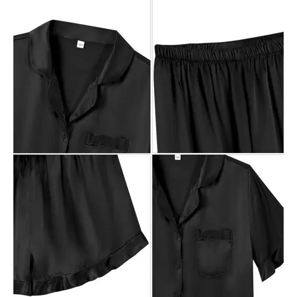 imageSWOMOG Womens Plus Size Pajamas Set Silk Satin 3Pcs Short Sleeve Loungewear Button Down Pj Sets Ruffled Sleepwear with PantsBlack