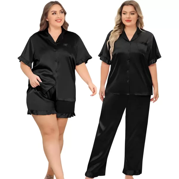 imageSWOMOG Womens Plus Size Pajamas Set Silk Satin 3Pcs Short Sleeve Loungewear Button Down Pj Sets Ruffled Sleepwear with PantsBlack