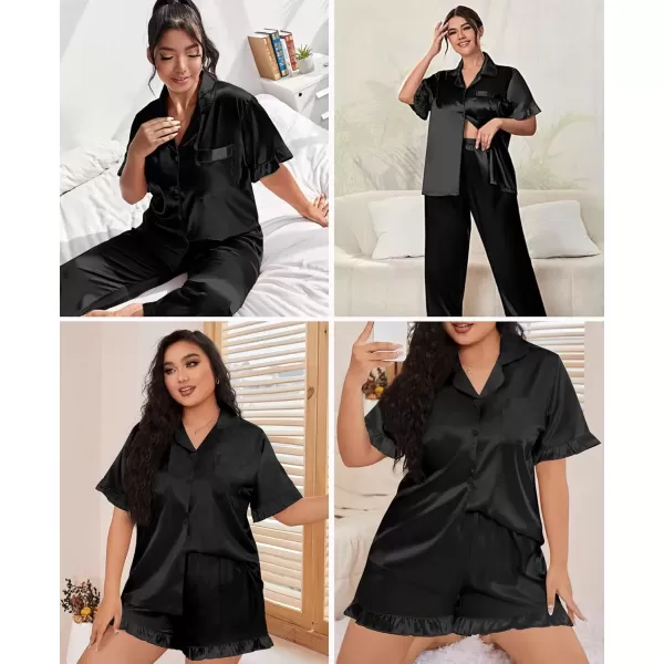 imageSWOMOG Womens Plus Size Pajamas Set Silk Satin 3Pcs Short Sleeve Loungewear Button Down Pj Sets Ruffled Sleepwear with PantsBlack